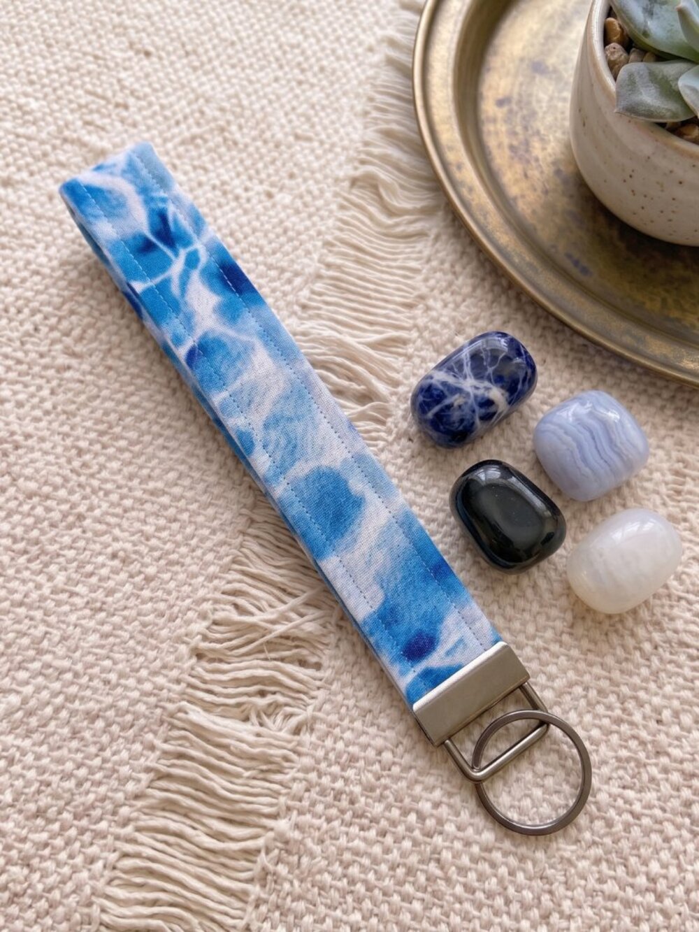 New Handmade Blue White Floral Watercolor Fabric Key Fob Wristlet Keychain